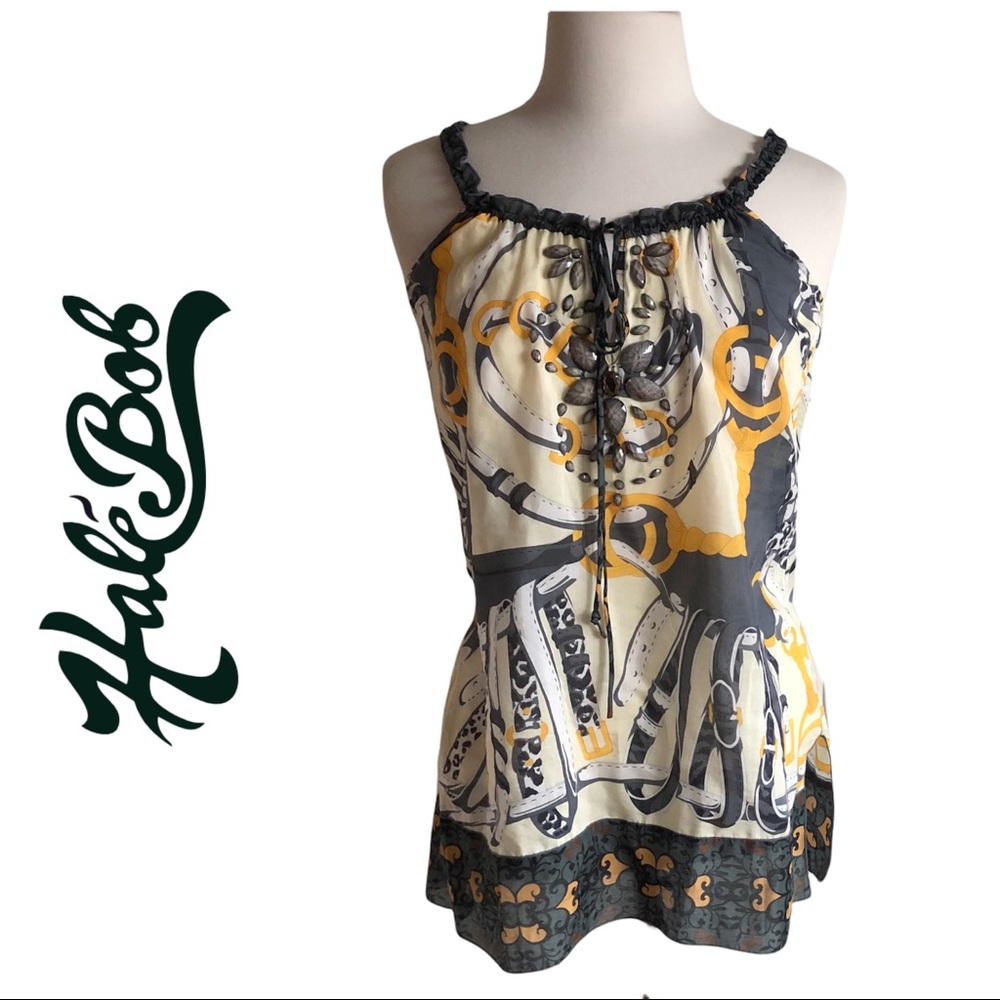 $195~HALE BOB~Beaded Detail Equestrian Belt Motif Silk-Blend Camisole Tank Top~S